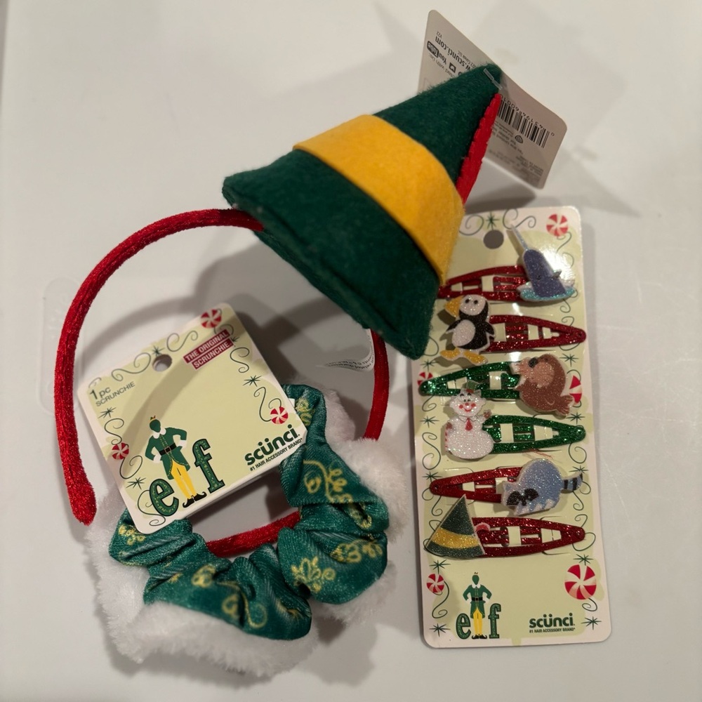 Scünci Buddy the Elf Christmas hair accessory set / headband, scrunchie / clips